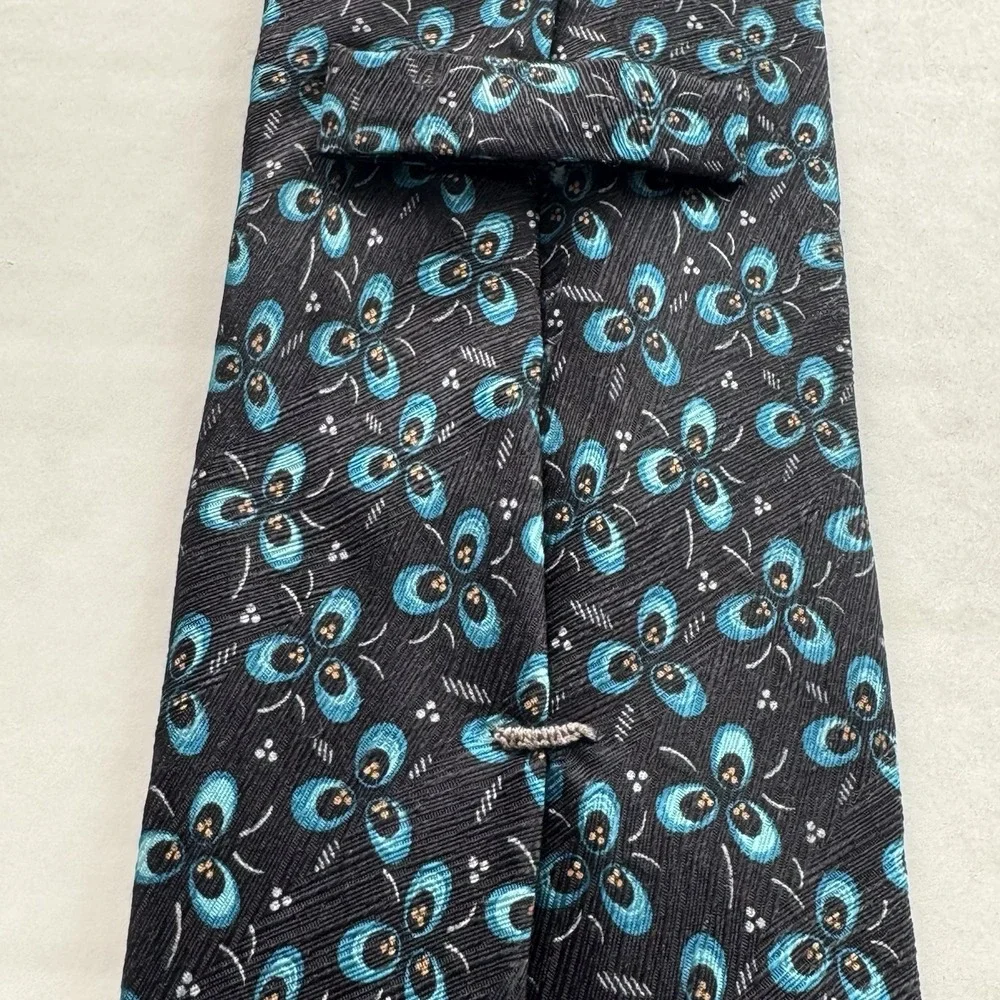 Ermenegildo Zegna Tie Men's Black Teal Geometric Floral Silk Designer Necktie